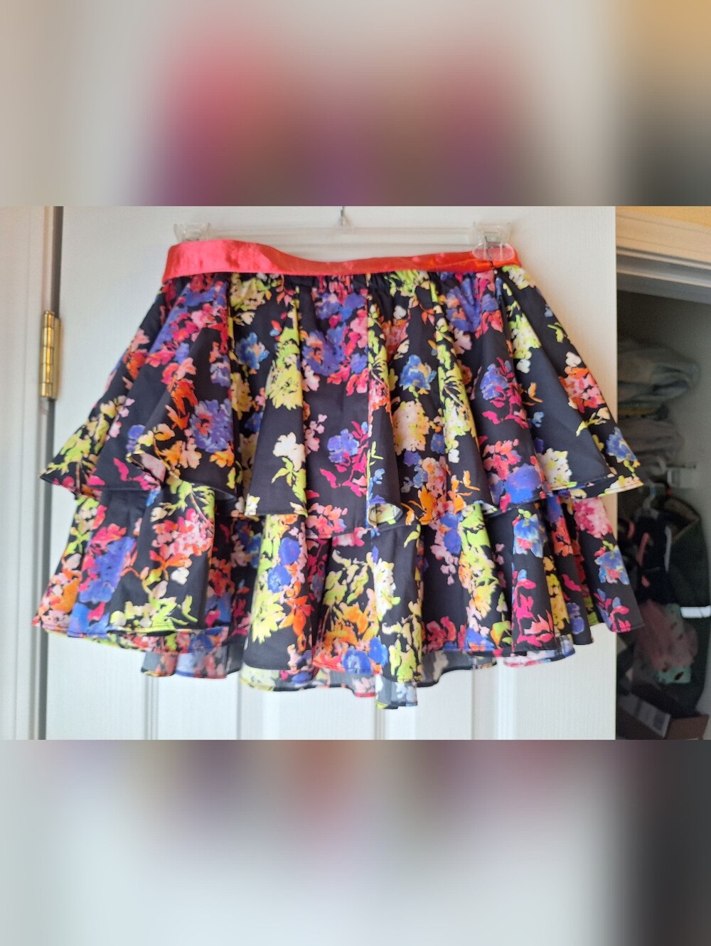 Caroline Constas Floral Tiered Mini Skirt with Red Belt - Picture 3 of 5